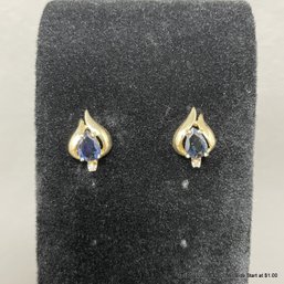 14K Gold And Sapphire With Diamond Melee Post-Back Earrings