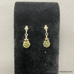 14K Yellow Gold And Green Stone Post-Back Earrings
