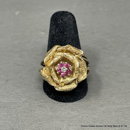 Pink Topaz And Diamond 14K Yellow Gold Floral Ring Size 8.5 9.1 Grams