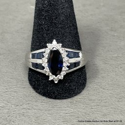 14K White Gold Ring With Blue Sapphire And Diamonds Size 9 4.4 Grams