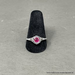 18K White Gold Ring With Pink Topaz Stone And Butterfly Detail, 2.4 Grams Size 8