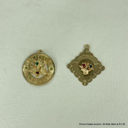 2 14K Yellow Gold Charms With Colored Stones 'to Mother' And 'Merry Christmas'
