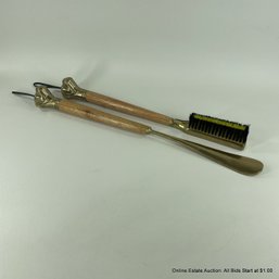 Long Handled Shoe Horn And Brush With Brass Dog Head Detail