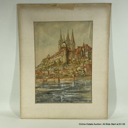 Signed Watercolor Of Cathedral  On Paper By Richard Schlicker, 1945