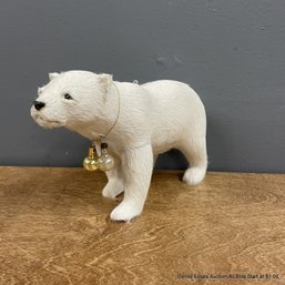 Molded Polar Bear Figure With Christmas Ornament Collar Covered With Real Fur