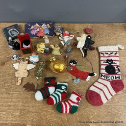 Cat Themed Christmas Ornaments, Small Knitted Stocking, And Plate