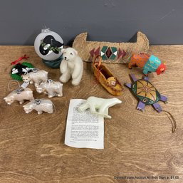 Assorted Artisan Collection Of Christmas Ornaments With Polar Bears, Orcas, Canoe, And More