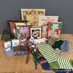 Collection Of Assorted Mostly Cat-Themed Christmas Decor, Books, Stockings, Light Switch Plate And More
