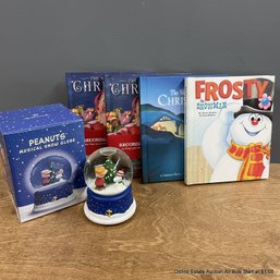 Four Hallmark Recordable Christmas Books And A Hallmark Peanuts Musical Snow Globe In Original Box