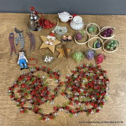 Assortment Of Christmas Tree Ornaments, Vintage 102' Vintage Garland, And Bell With Cord