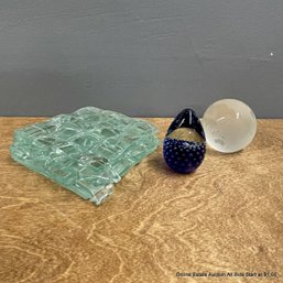 Trio Of Various Small Glass Decor Items, Egg, Globe, And Layered Glass Block