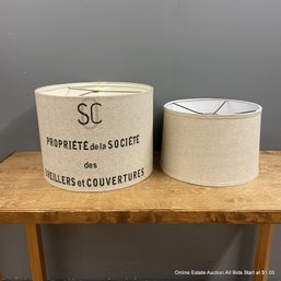 Two Linen-Like Lamp Shades One With French Lettering (Local Pickup Only)