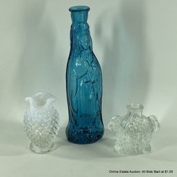 Mexican Virgin Mary Bottle, Fenton Hobnail Opalescent Vase, Vintage Perfume Bottle