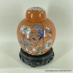 Japanese Porcelain Ware Ginger Jar With Iris And Daisy Motif Decorated In Hong Kong On Wood Stand