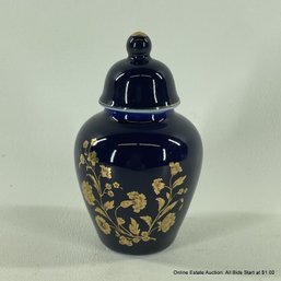 Small Porcelain Lidded Jar With Cobalt Glaze And Gold Floral Design