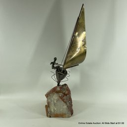 Vintage Brass Sailboat Sculpture Mounted On A Large Piece Of Quartz (LOCAL PICKUP OR UPS STORE SHIP ONLY)