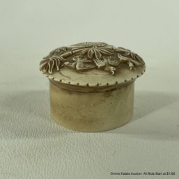Small Faux Ivory Screw Top Pill Box With Japanese Themed Carved Top