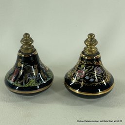 2 Small Porcelain Perfume Bottles With Brass Tops Classical And Floral Themed