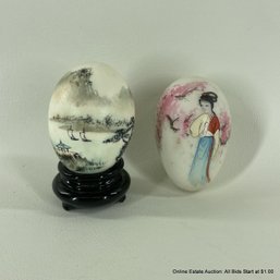 Two Eggs, One Stone, One Chicken With Hand Painted Asian Scenes On Them, One Wood Stand