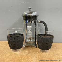 Bodum Starbucks French Press Coffee Maker And Two Glass Mugs With Textured Silicone Grip