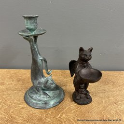 Bronze Cat Candle Stick & Cat Dish