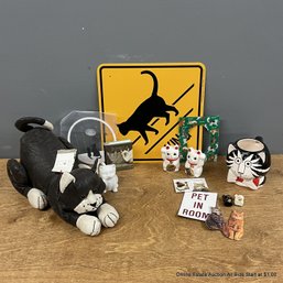 Assorted Collection Of Cat Themed Items Including Mug, Stuffed Toy, Cat Xing Sign, Magnet, And More