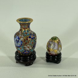 Miniature Cloisonne Vase And Egg With Pedestals