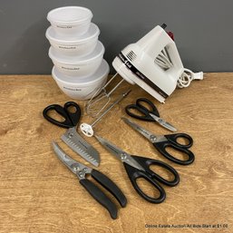 KitchenAid Hand Mixer, Scissors, & Lidded Nesting Bowls