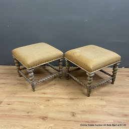 Barley Twist Wood Stools With Burlap Seats And Brass Tack Details (LOCAL PICK UP ONLY)