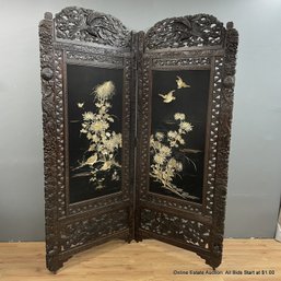 Antique Chinese Carved Hardwood And Silk Dressing Screen With Chrysanthemums (LOCAL PICK UP ONLY)