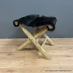 Rustic Wooden Folding Stool With Cow-Hide Seat (LOCAL PICK UP ONLY)