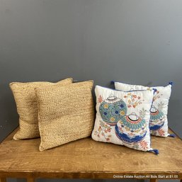 Two Pairs Of Faux Seagrass And Embroidered Decorative Throw Pillows