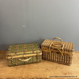 Two Woven Baskets With Hinged Lids