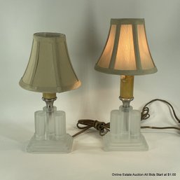 Pair Of Vintage Frosted Glass Small Accent Lamps With Newer Fabric Shade, Tested And Works