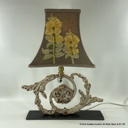 Ornate Table Lamp With Embroidered Fabric Lamp Shade, Tested And Works (LOCAL PICK UP ONLY)