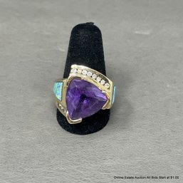 14K Yellow Gold Amethyst, Opal & Diamonds Cocktail Ring 18.91 Grams