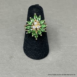 10K Yellow Gold Synthetic Emerald And White Topaz Cocktail Ring 4.31 Grams