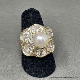 14K Yellow Gold Pearl And Diamond Cocktail Ring 11.21 Grams