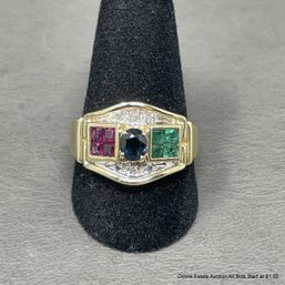 14K Yellow Gold Sapphire, Ruby, Emerald And Diamond Ring 5.93 Grams