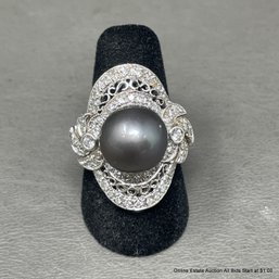 18K White Gold Diamond And Tahitian Pearl Ring 11.83 Grams