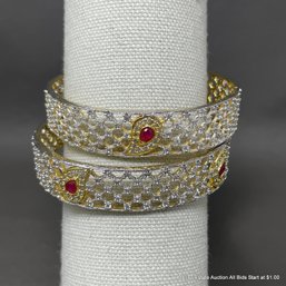 Diamond And Ruby Bangle Bracelets Silver Plated 47 Grams