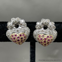 14K White And Yellow Gold Ruby And Diamond Heart Earrings 11 Grams