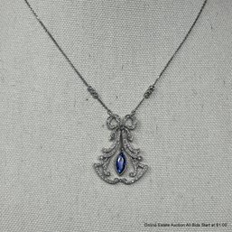 18K White Gold, Diamond And Sapphire Bow Chandelier Necklace 11.85 Grams