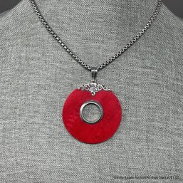 Silver Necklace With Red Plastic Medallion