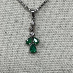 14K White Gold Emerald And Diamond Necklace 3.87 Grams