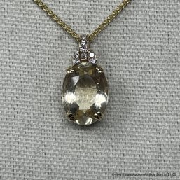 14K Yellow Gold Citrine And Diamond Pendant On Chain 11.34 Grams