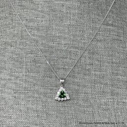 14K White Gold Necklace With A Trillion Cut Green Tourmaline And Diamond Halo 5.65 Grams