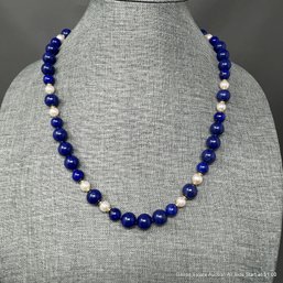 18k Yellow Gold, Pearl And Lapis Necklace