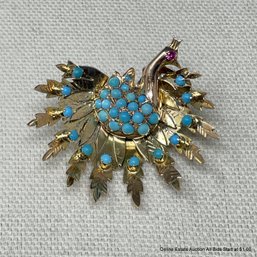 14K Yellow Gold Turquoise & Ruby Peacock Pin 13 Grams