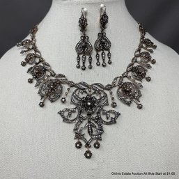 Ornate Antique Rose-cut Diamond Necklace & Earring Set